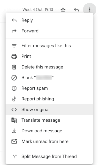 Gmail email options > Show original