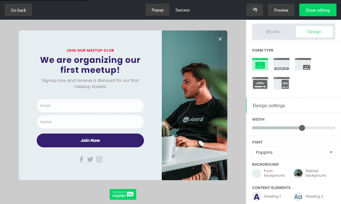MailerLite email form editor