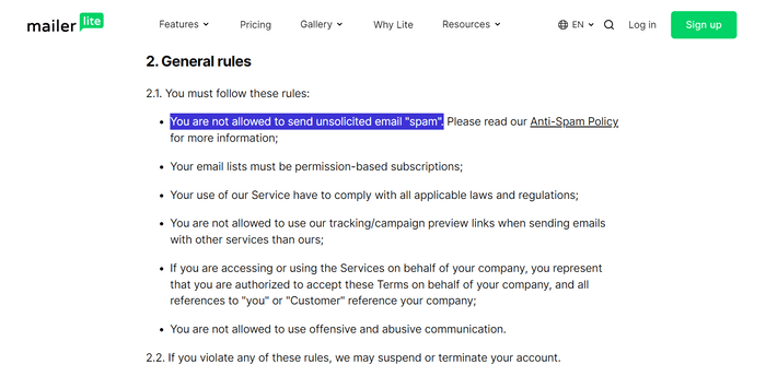 MailerLite terms of service