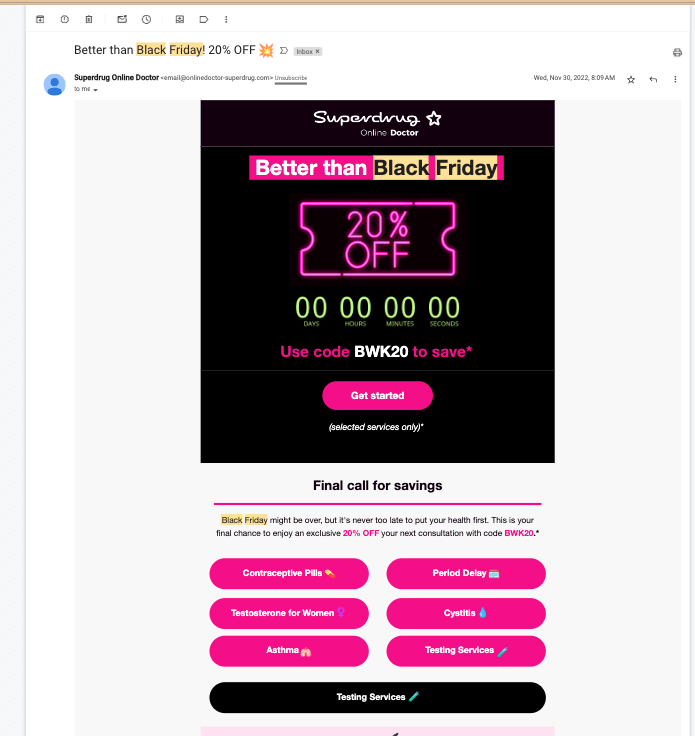 Superdrug black friday email campaign 