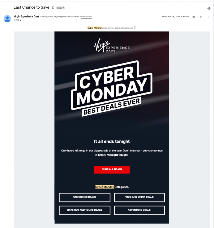 Virgin experience cyber monday email