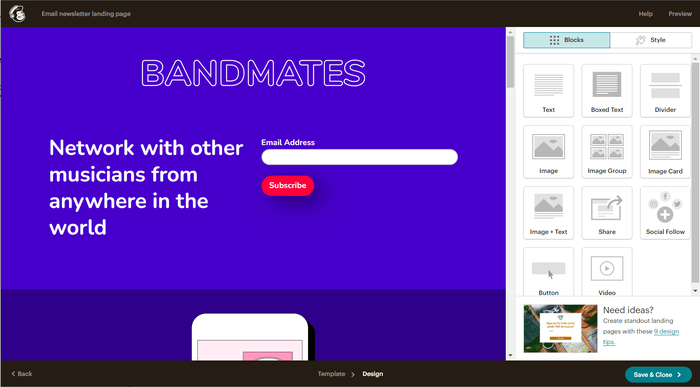 Mailchimp landing page content blocks