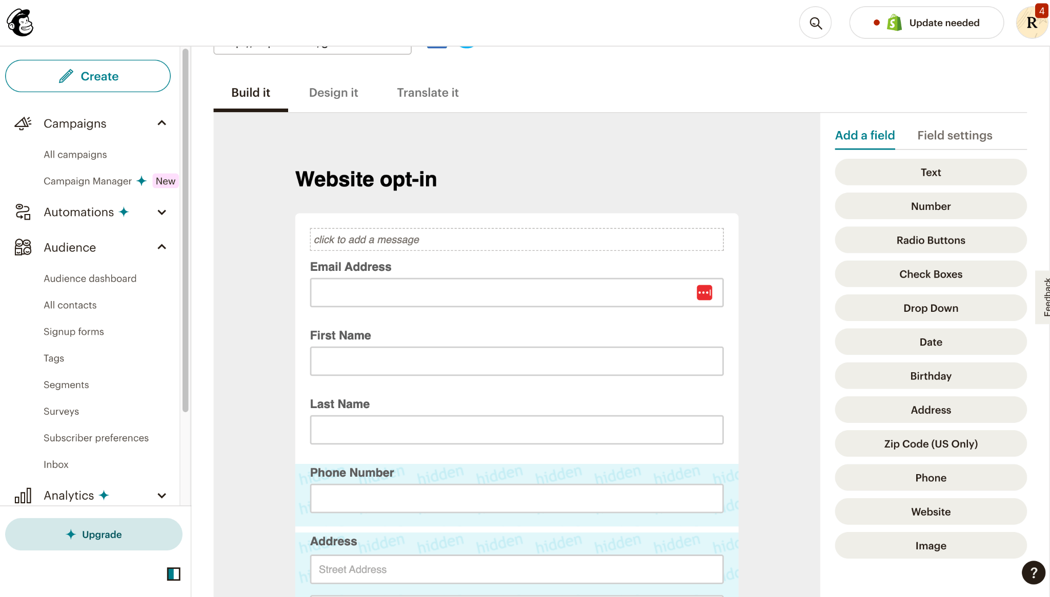 Mailchimp form creation