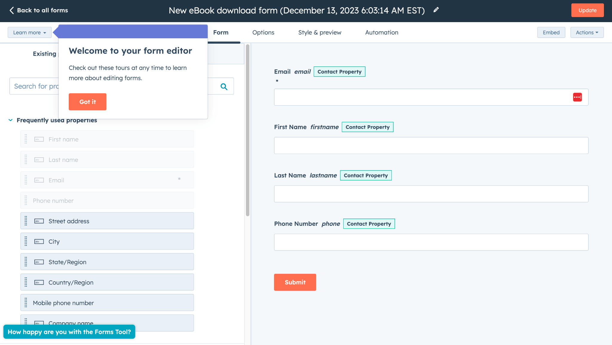 Hubspot form creation