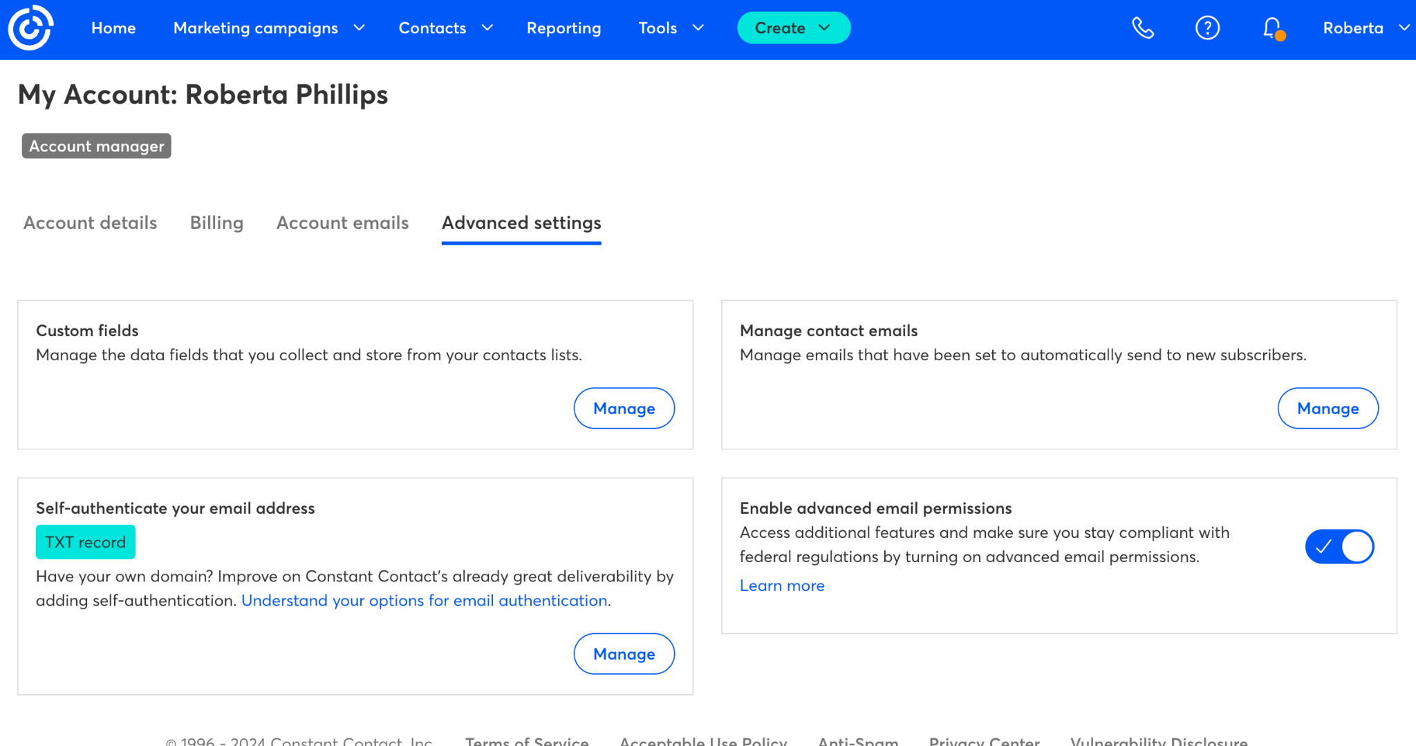 Constant Contact Advanced Settings