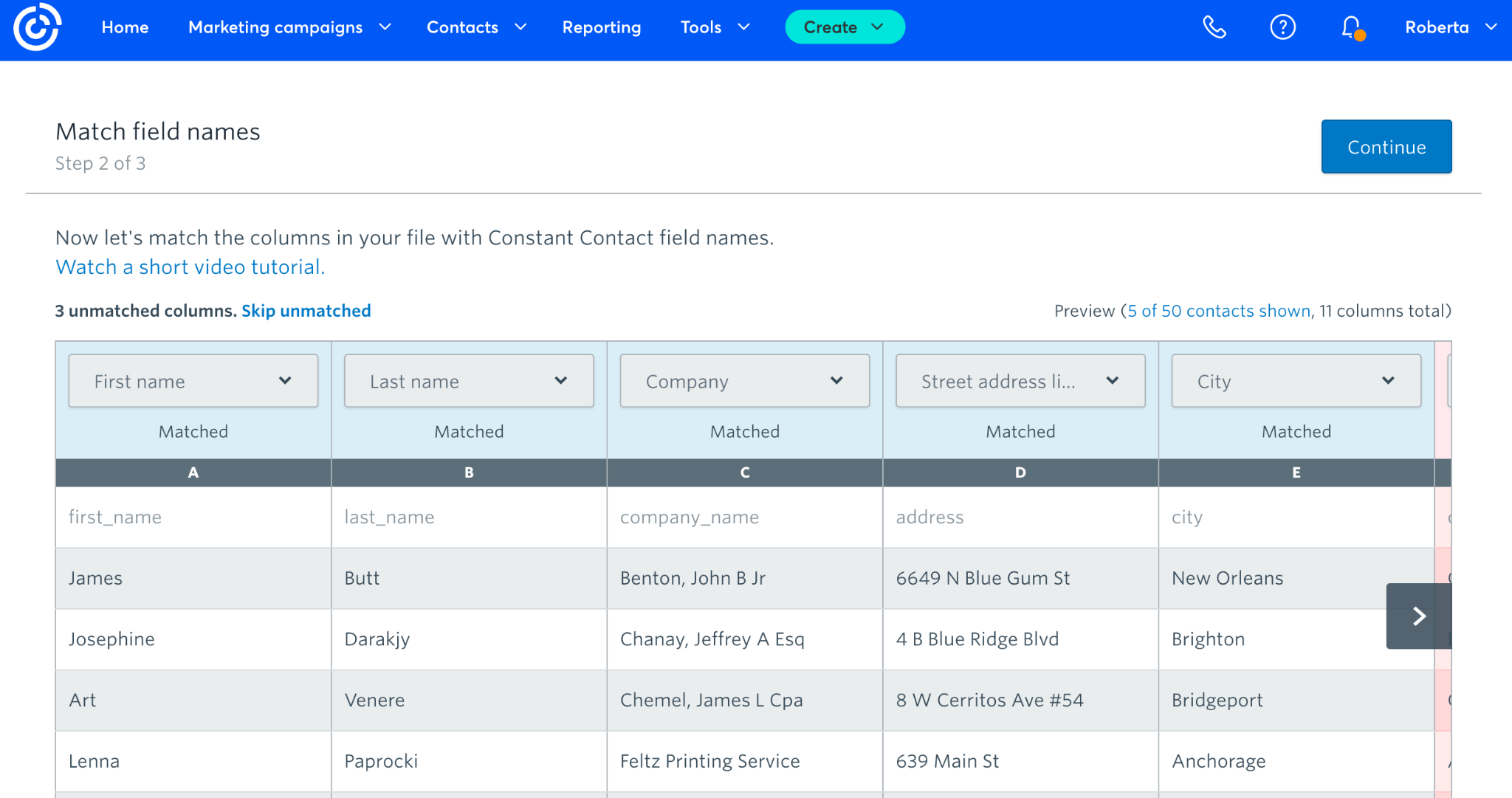 Constant Contacts Match fields