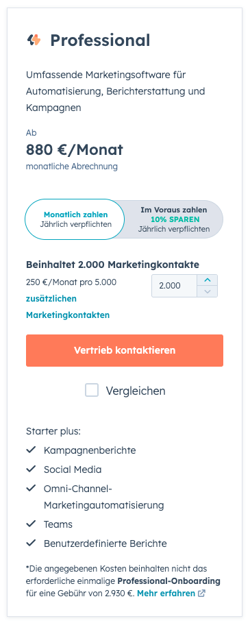 hubspot professional tarif