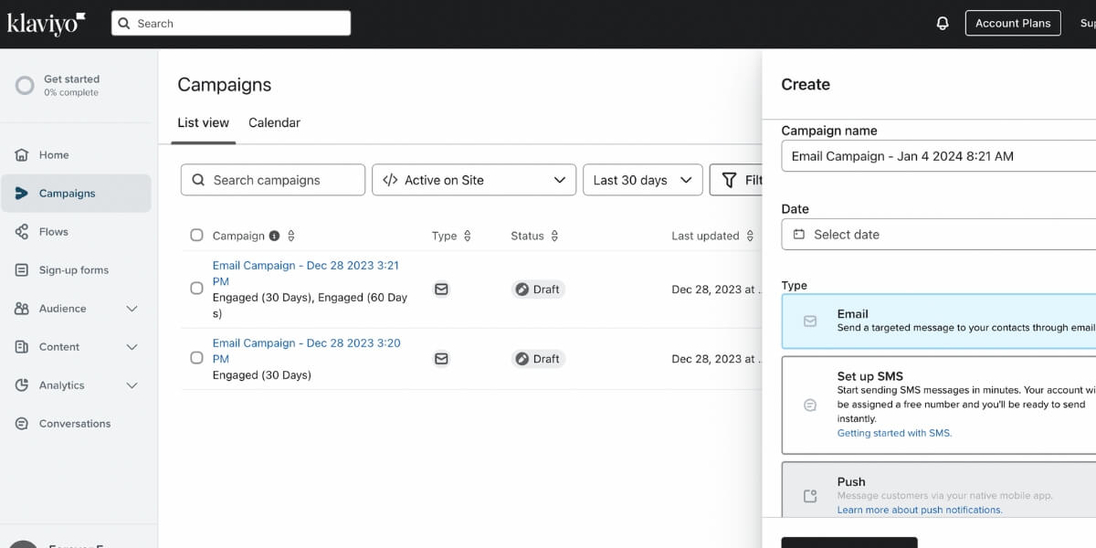 Klaviyo dashboard