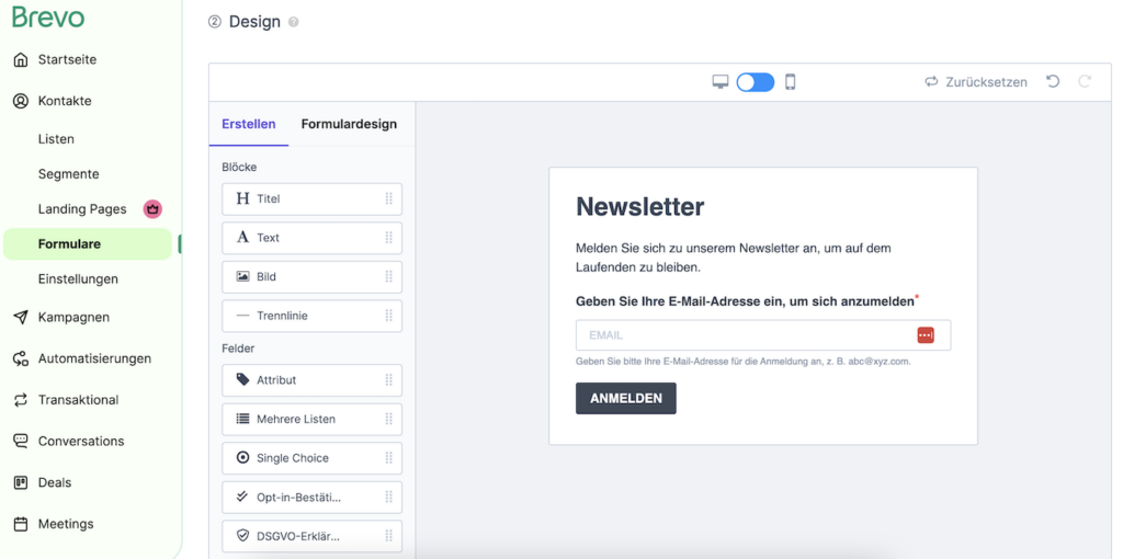 brevo formular einrichten