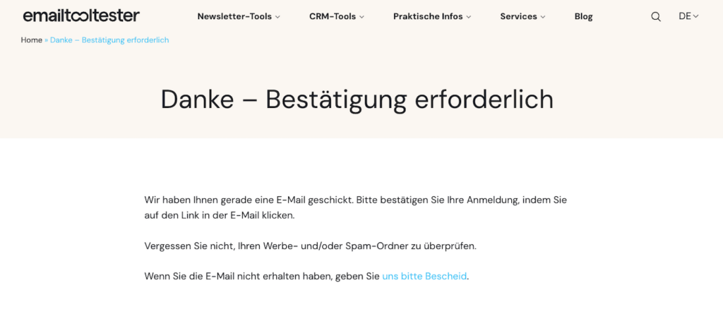 emailtooltester bestätigungsseite newsletter