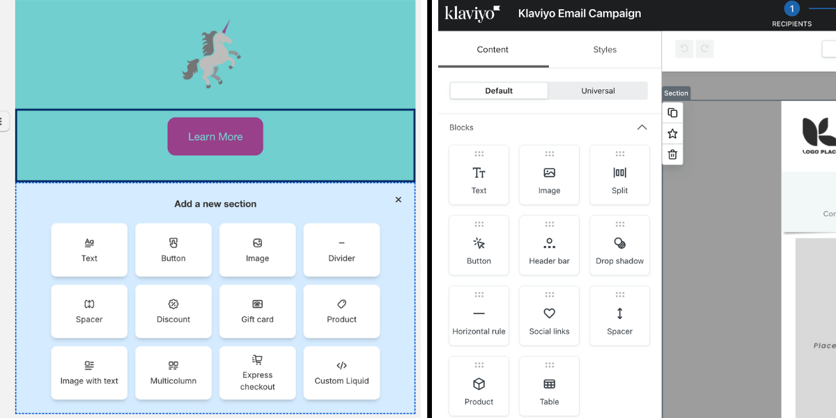 Shopify Email vs Klaviyo email builders