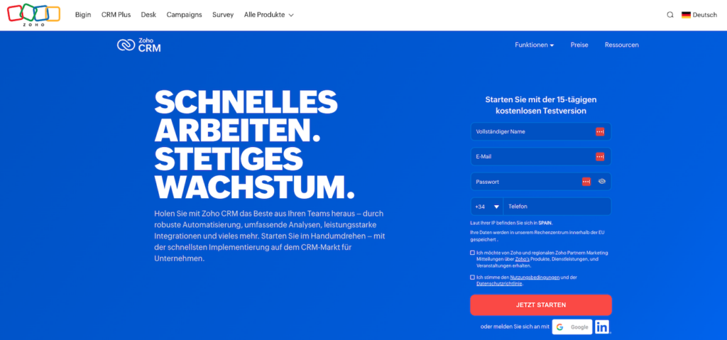 zoho crm homepage