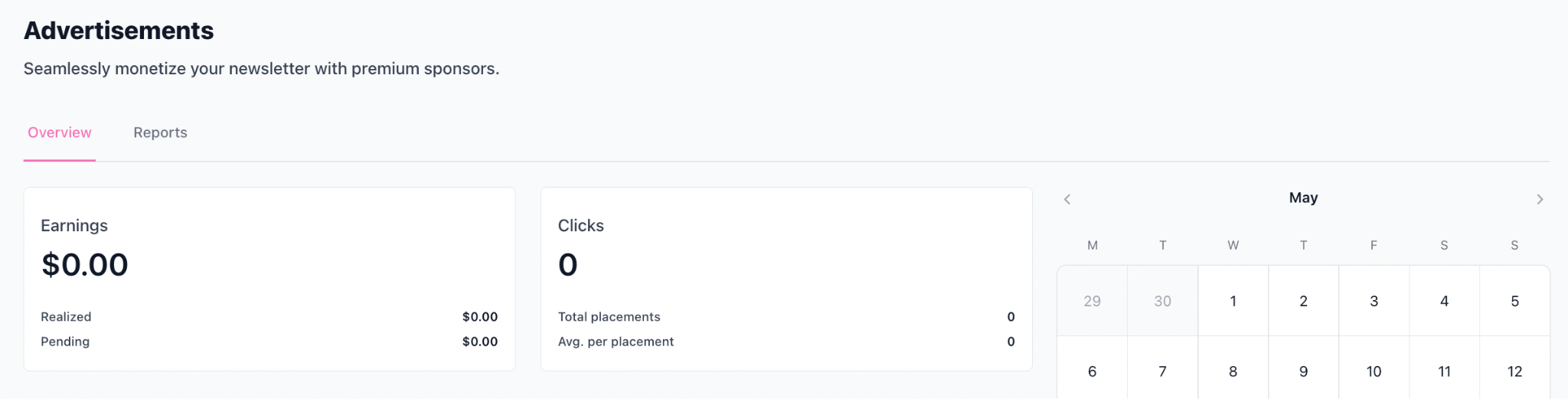 Beehiiv's advertisements dashboard shows earnings, clicks, and available ad slots. 
