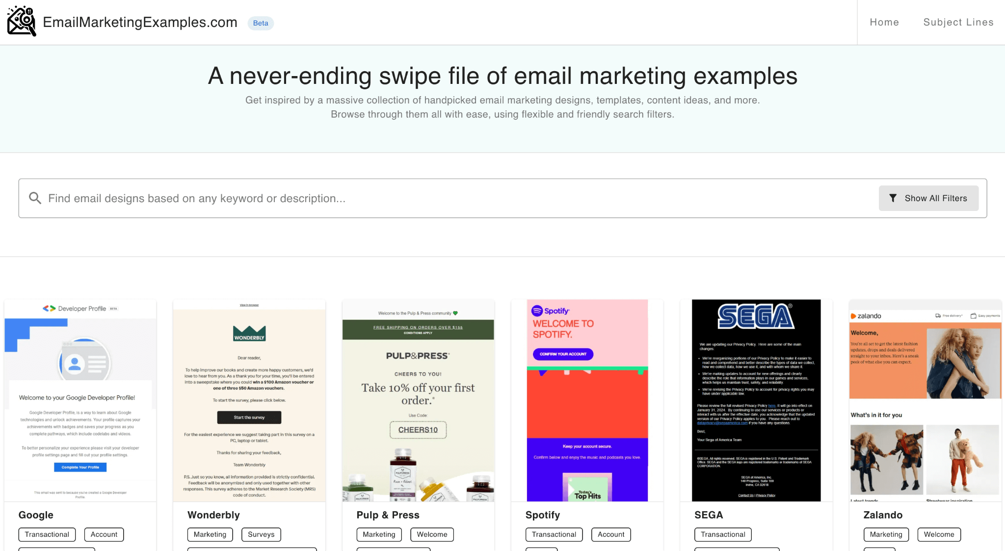 Email Marketing Examples Homepage 