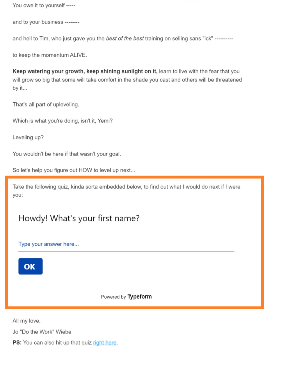 Gamified email quiz