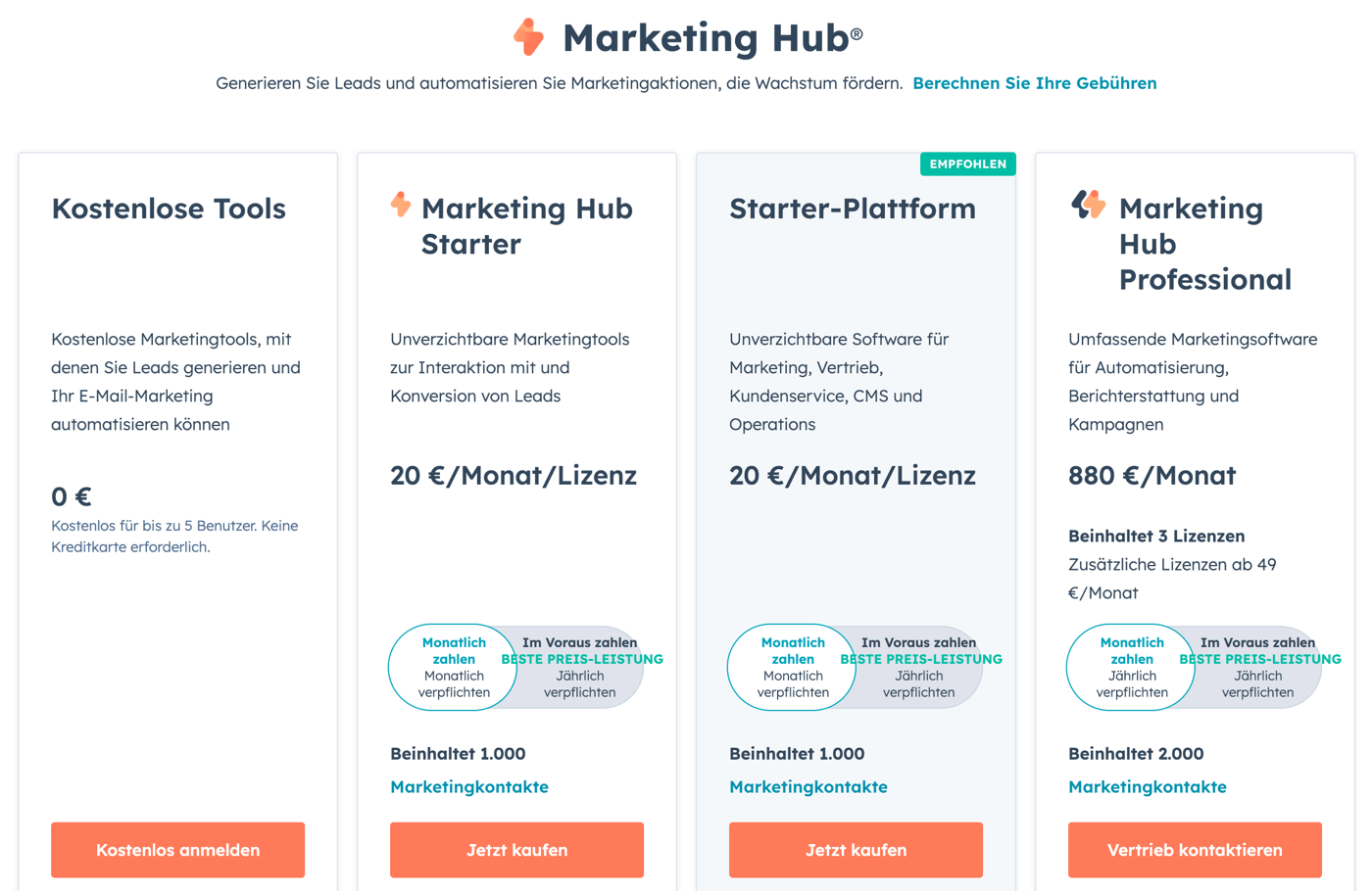 hubspot marketing hub preise