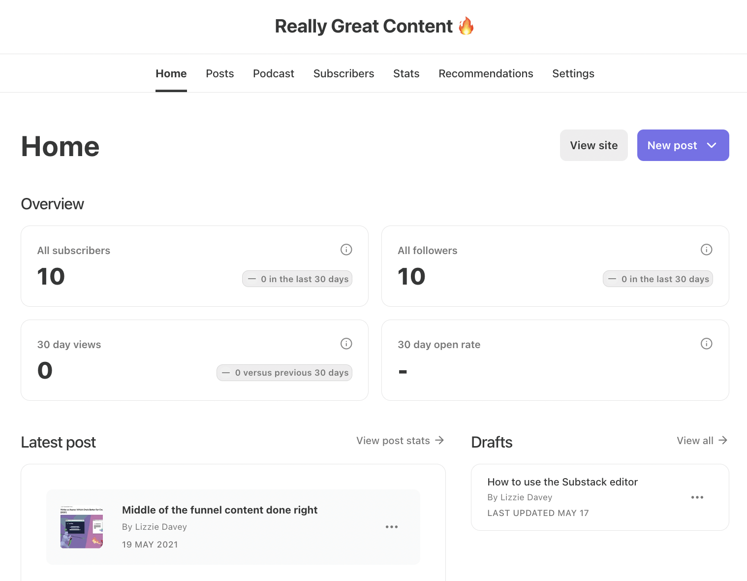 Substack dashboard overview