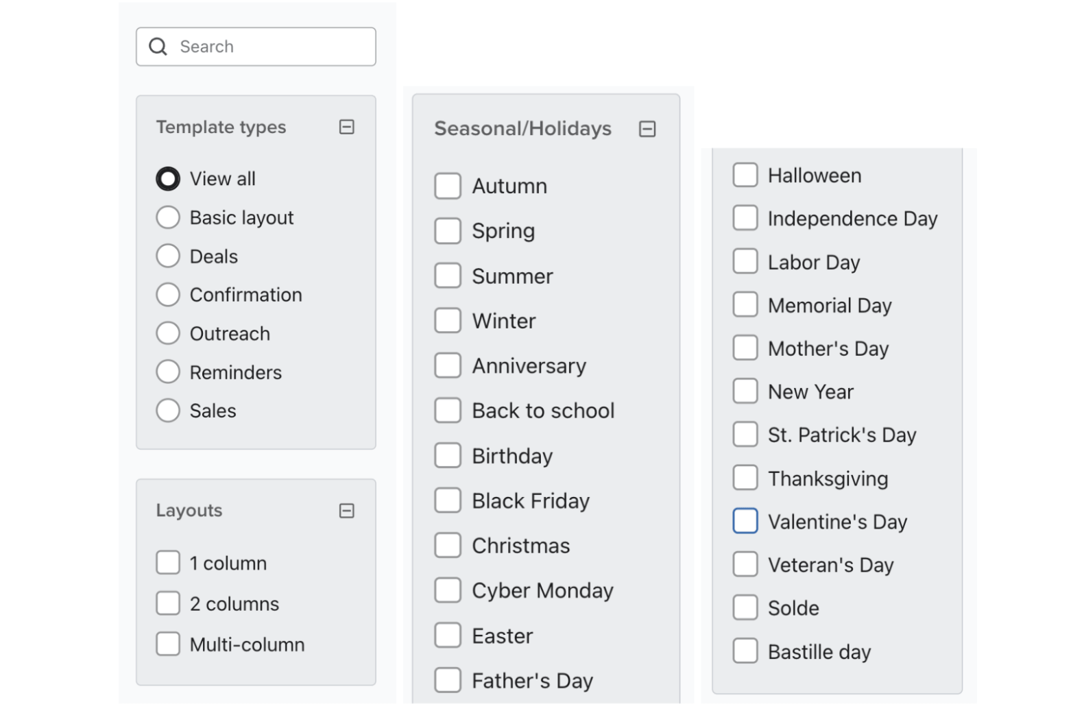 Klaviyo arranges its email templates in three ways: template types, layouts, and seasons/holidays. 
