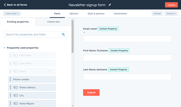 HubSpot form editor