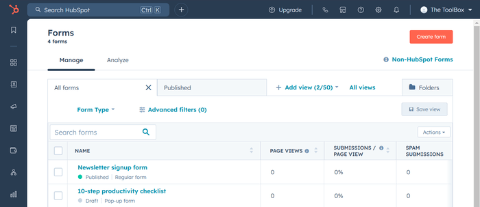 HubSpot signup forms interface