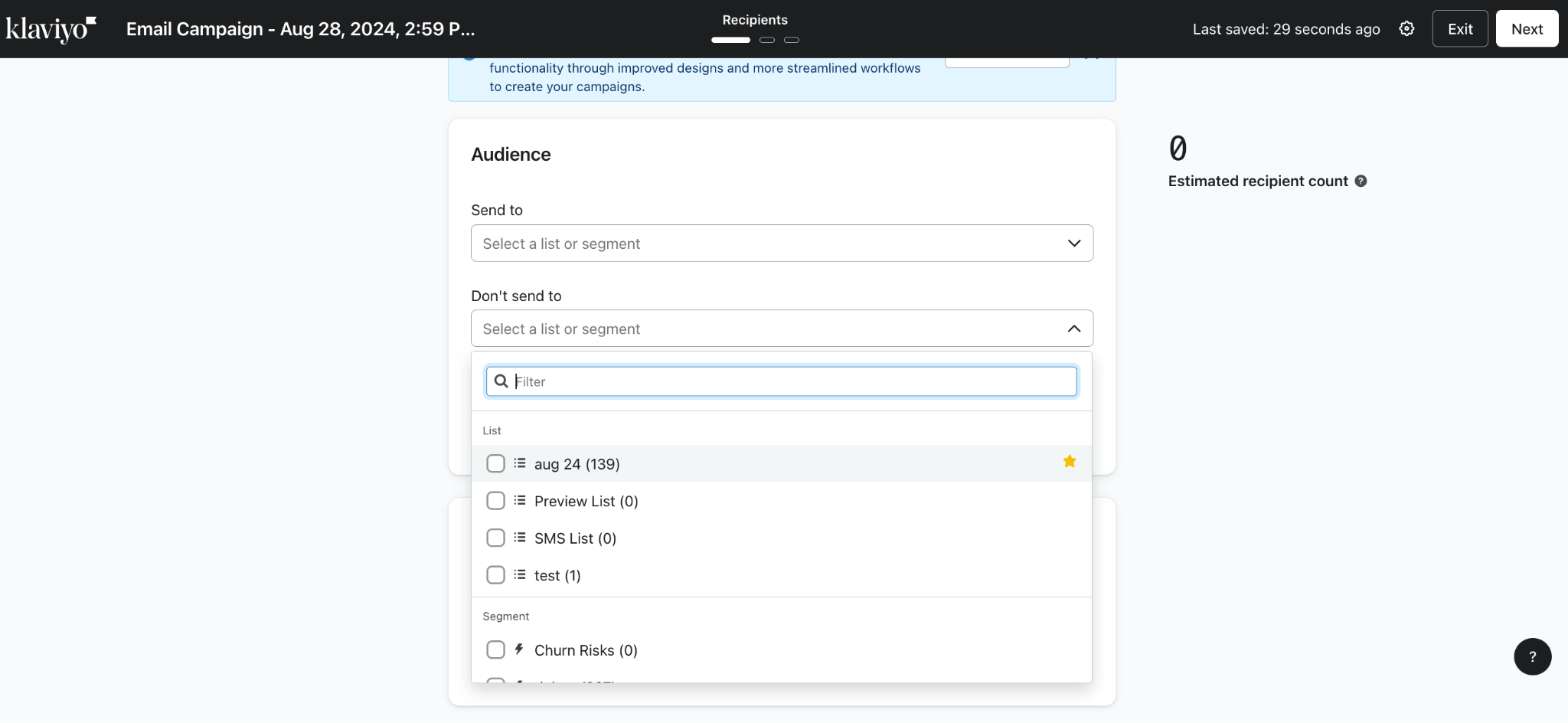klaviyo email campaign select list 