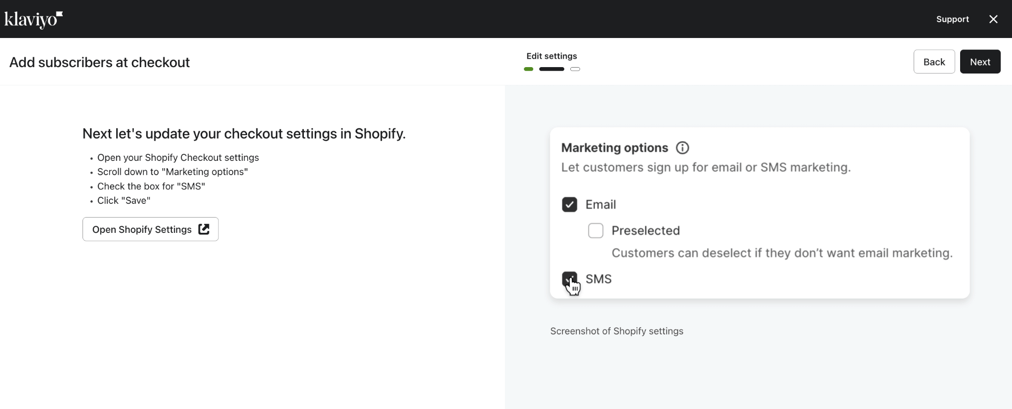 klaviyo shopify checkout settings
