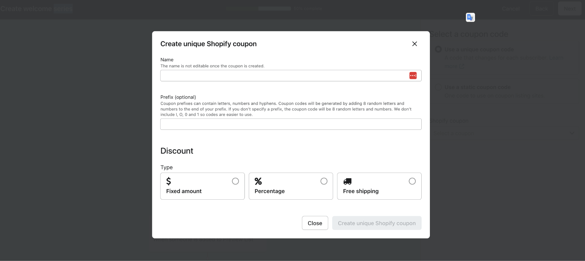 klaviyo shopify unique discount code