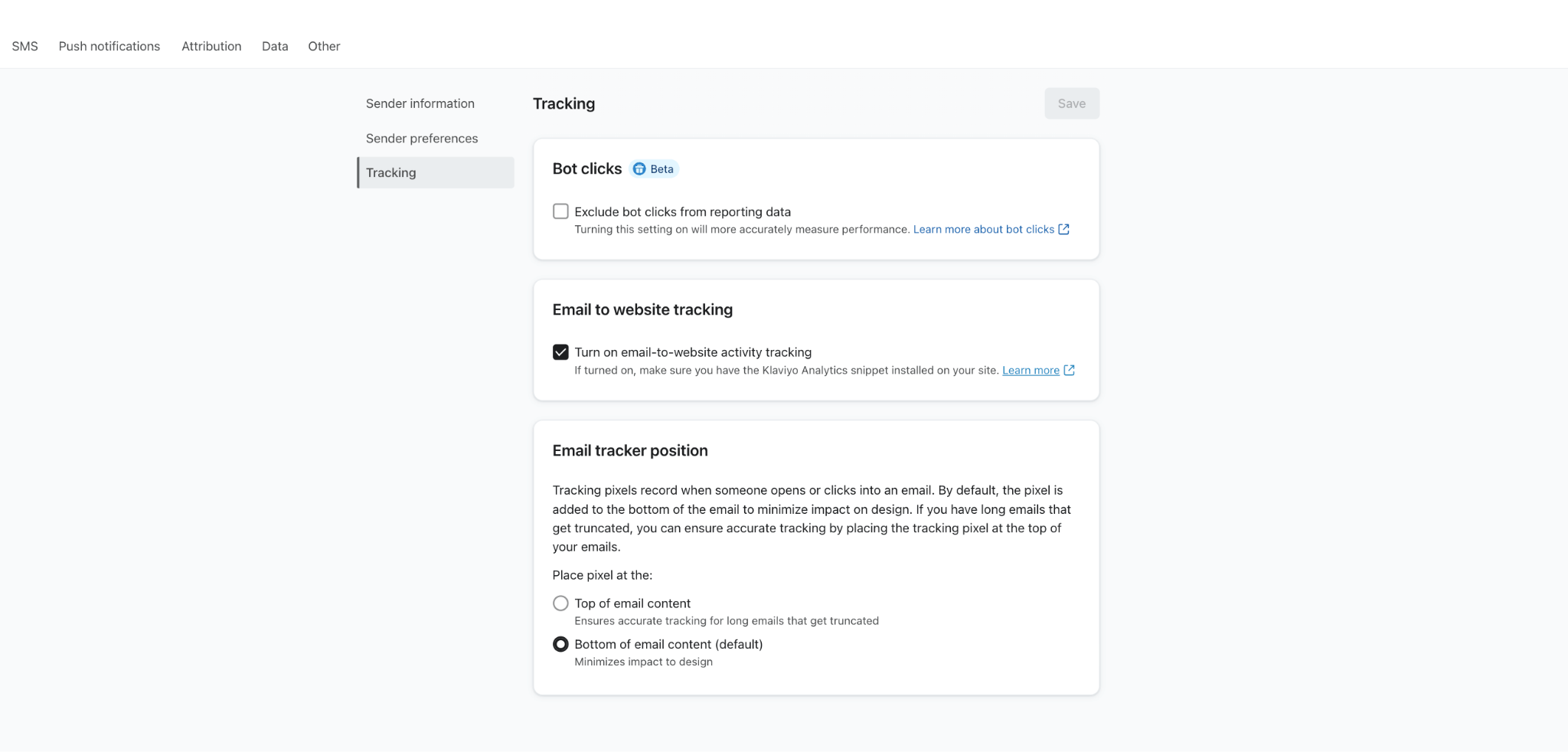 Klaviyo tracking settings