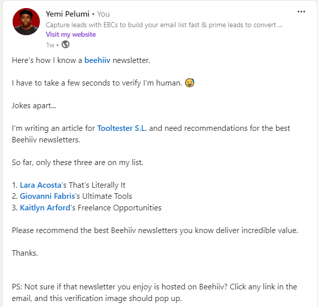 best beehiiv newsletter LinkedIn post