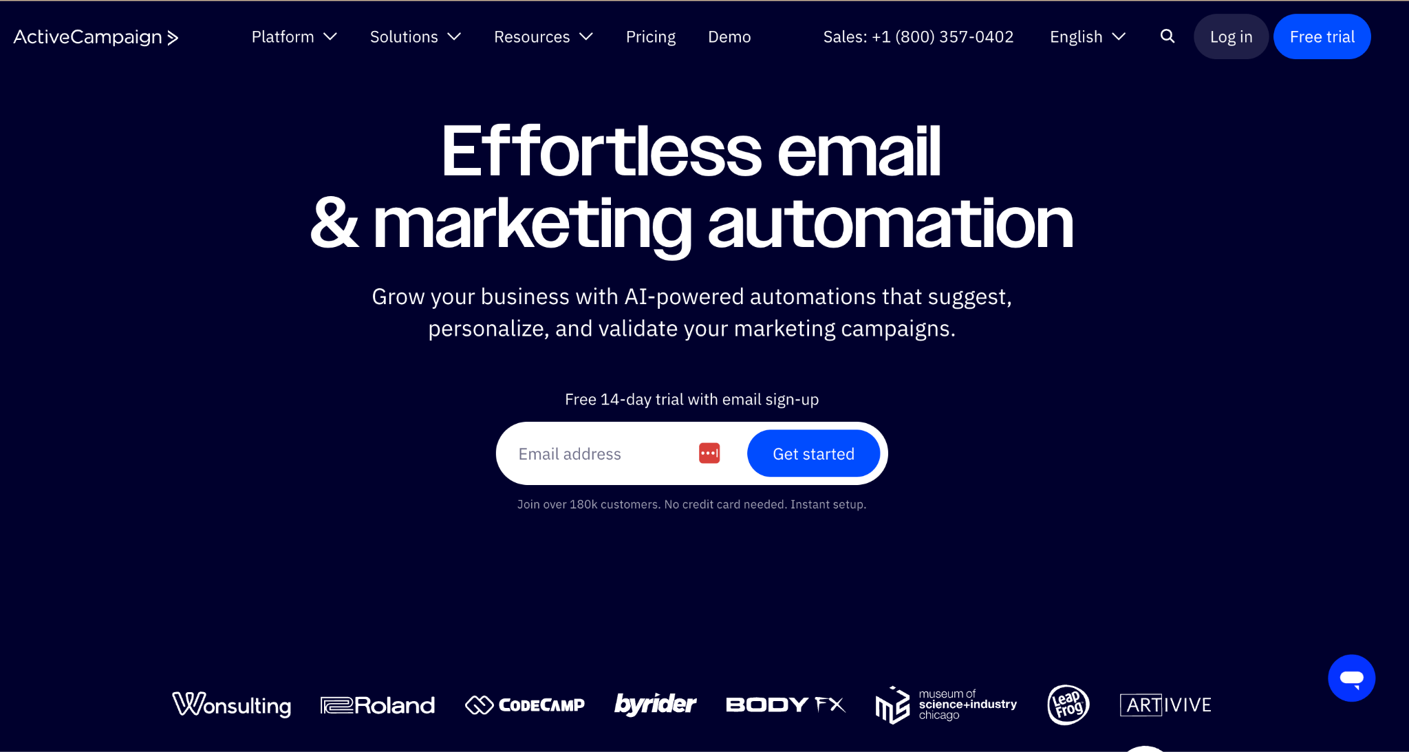 ActiveCampaign's homepage