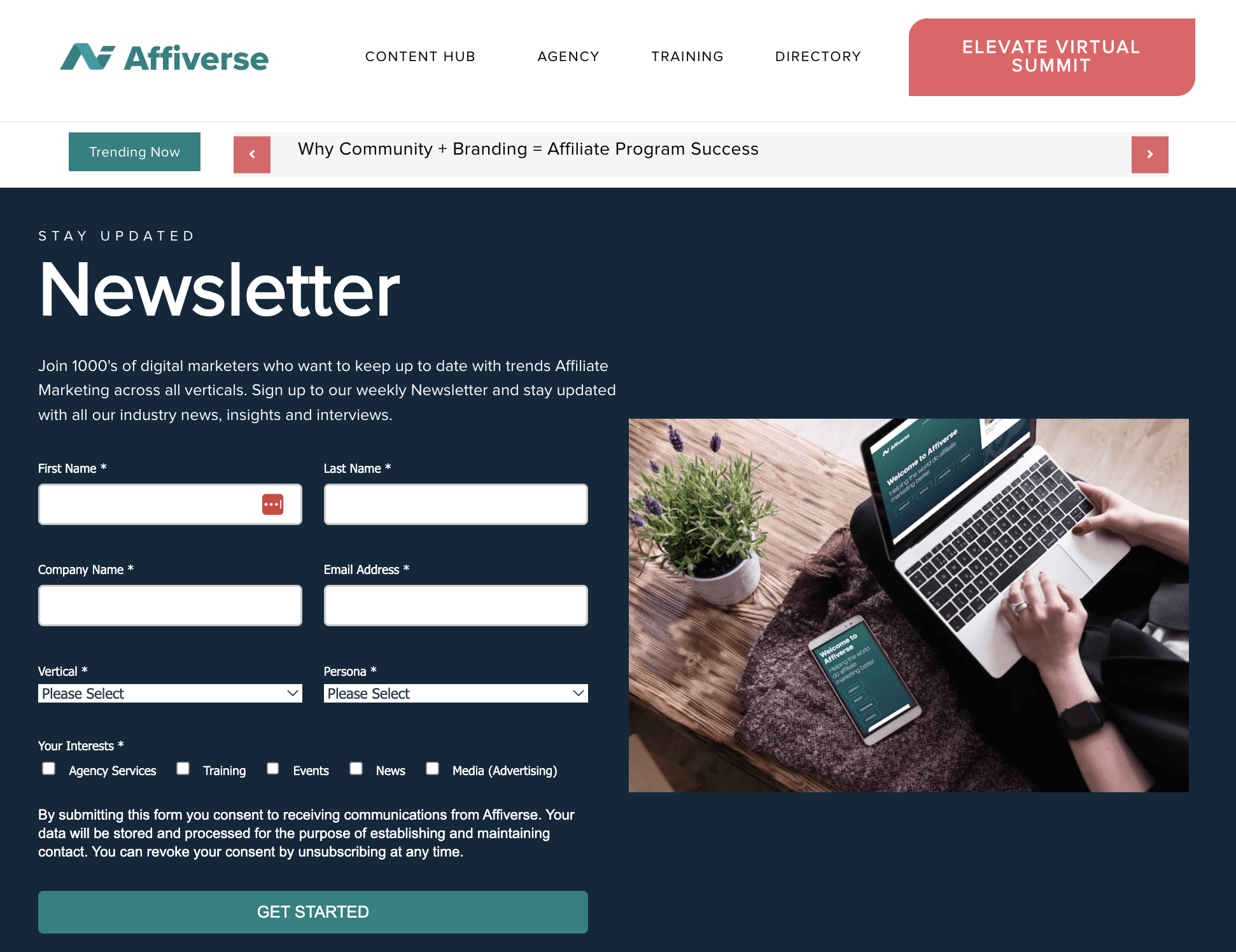 Affiverse Media newsletter signup page