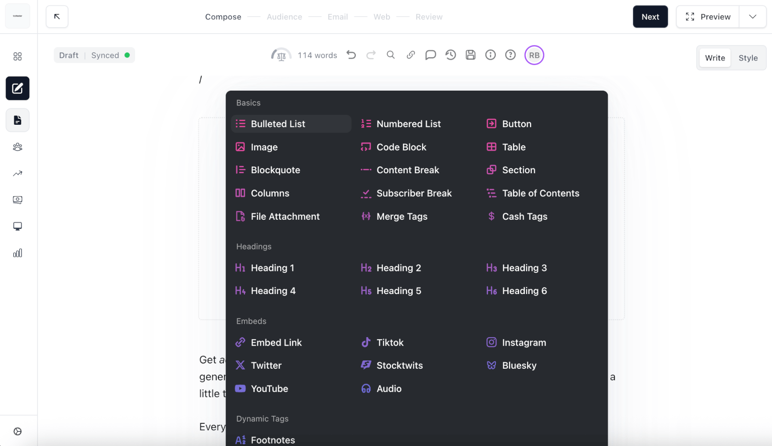 beehiiv email editor blocks