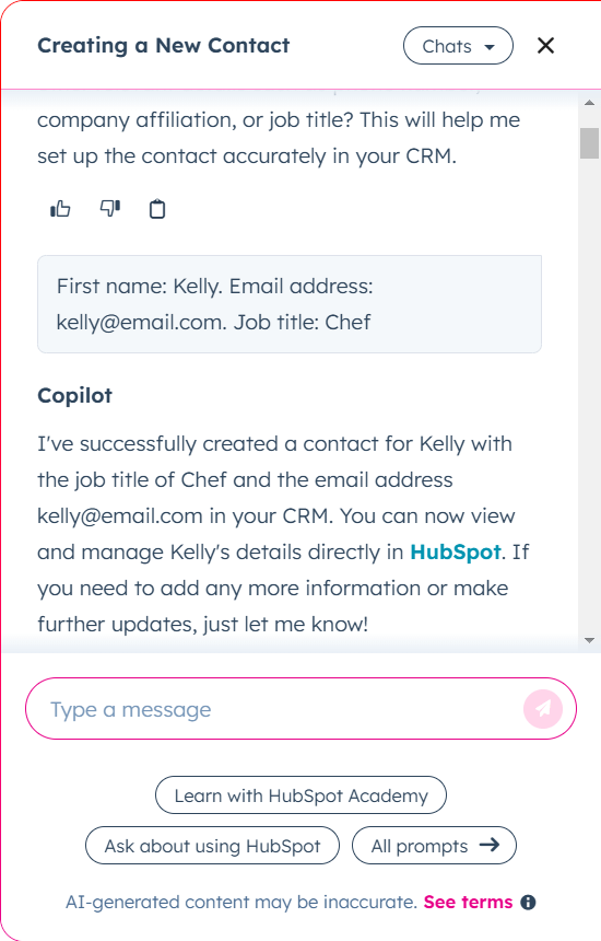 Creating a new contact in HubSpot Breeze Copilot