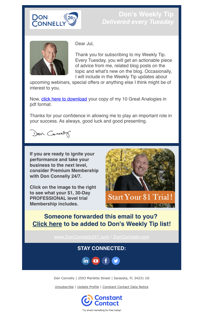 Don Connelly welcome email 