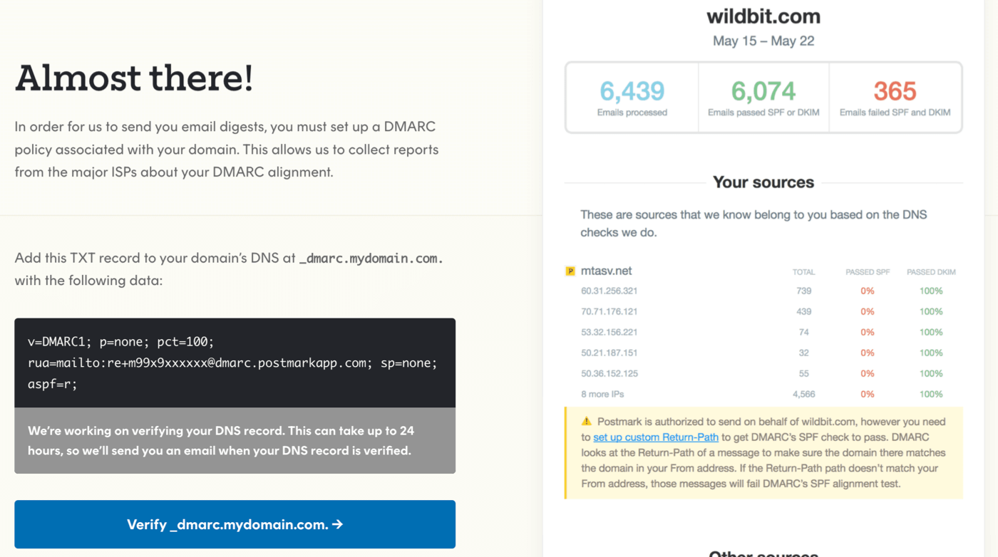 Postmark domain verification for free DMARC monitoring tool