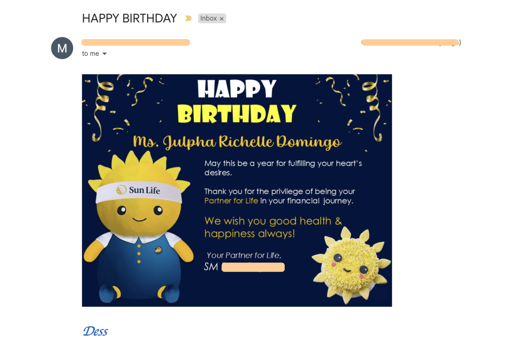Sunlife financial advisor birthday greeting