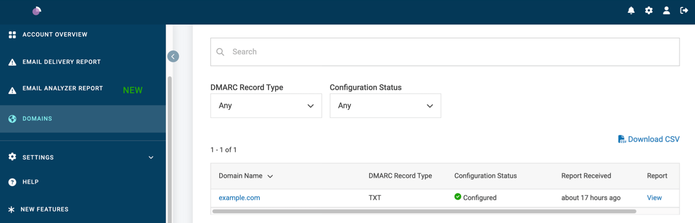 Valimail dashboard and domain status