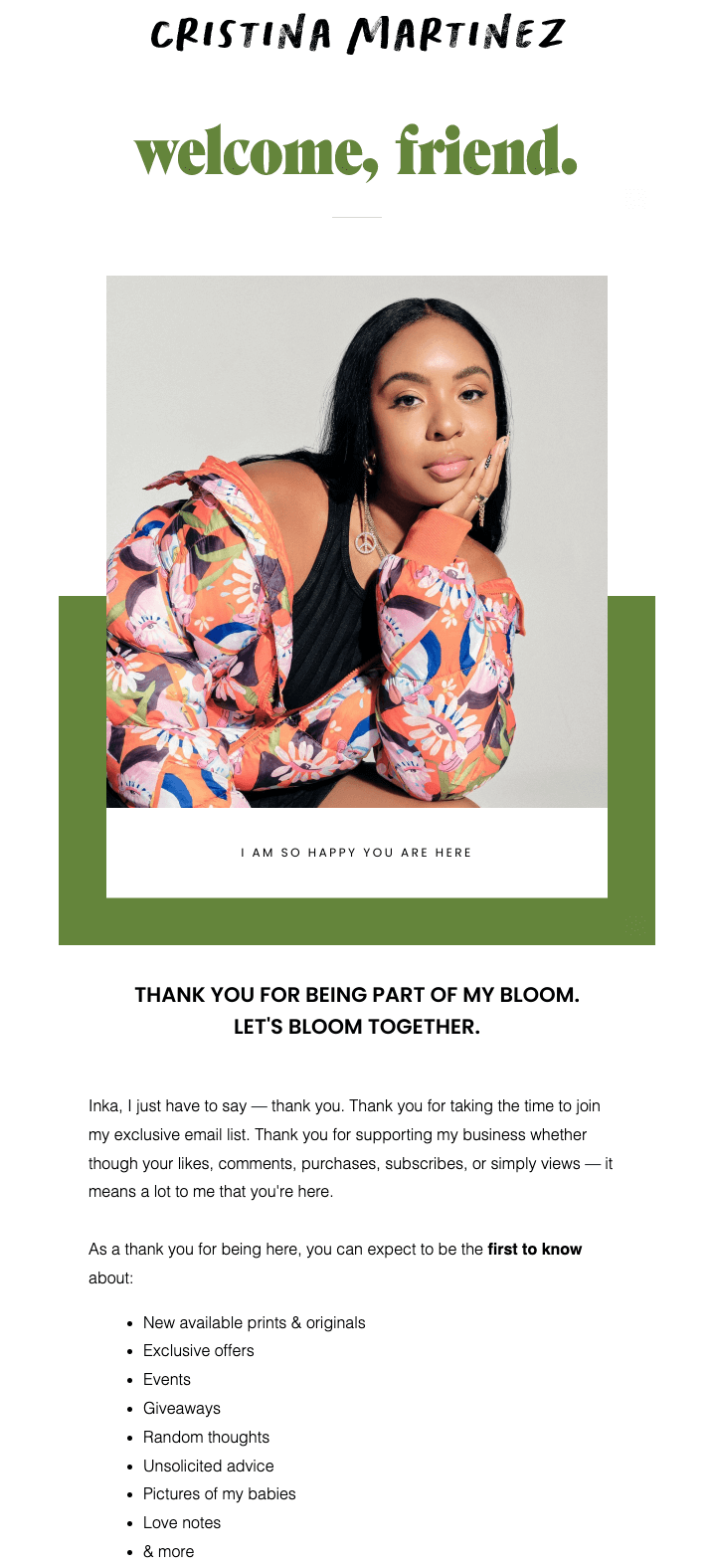 welcome email cristina martinez