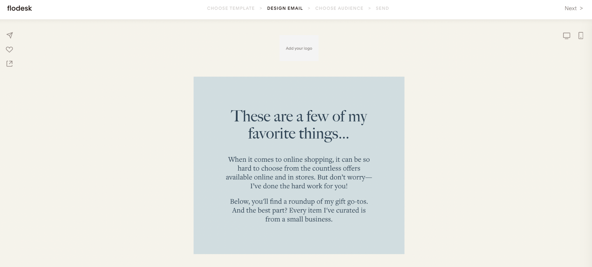 drag-and-drop email builder in Flodesk with a block of text on a green background