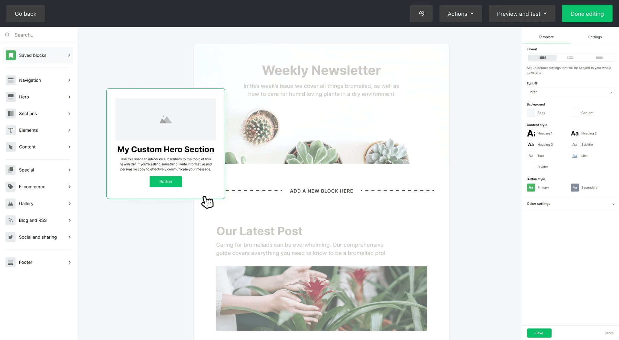 MailerLite’s email newsletter builder with a pop-up for a custom hero section