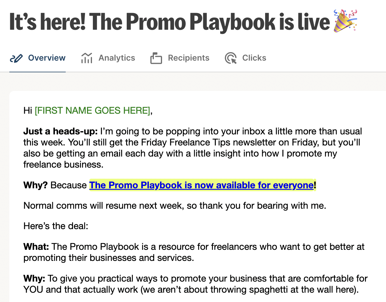 announcement email explaining launch of a new product, The Promo Playbook