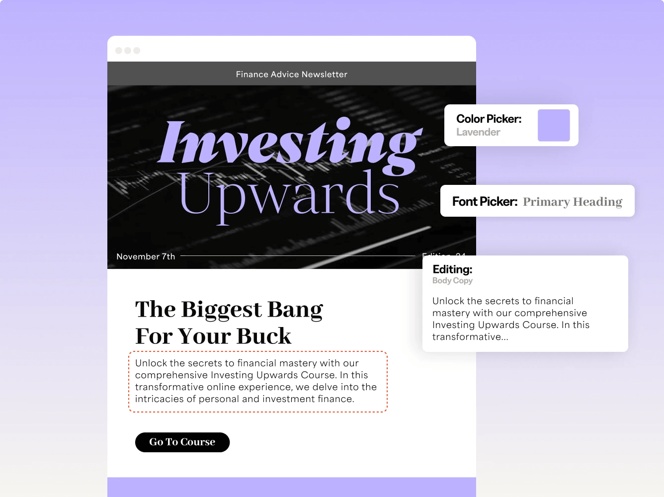 sample newsletter template Kajabi with “investing upwards” in large purple font