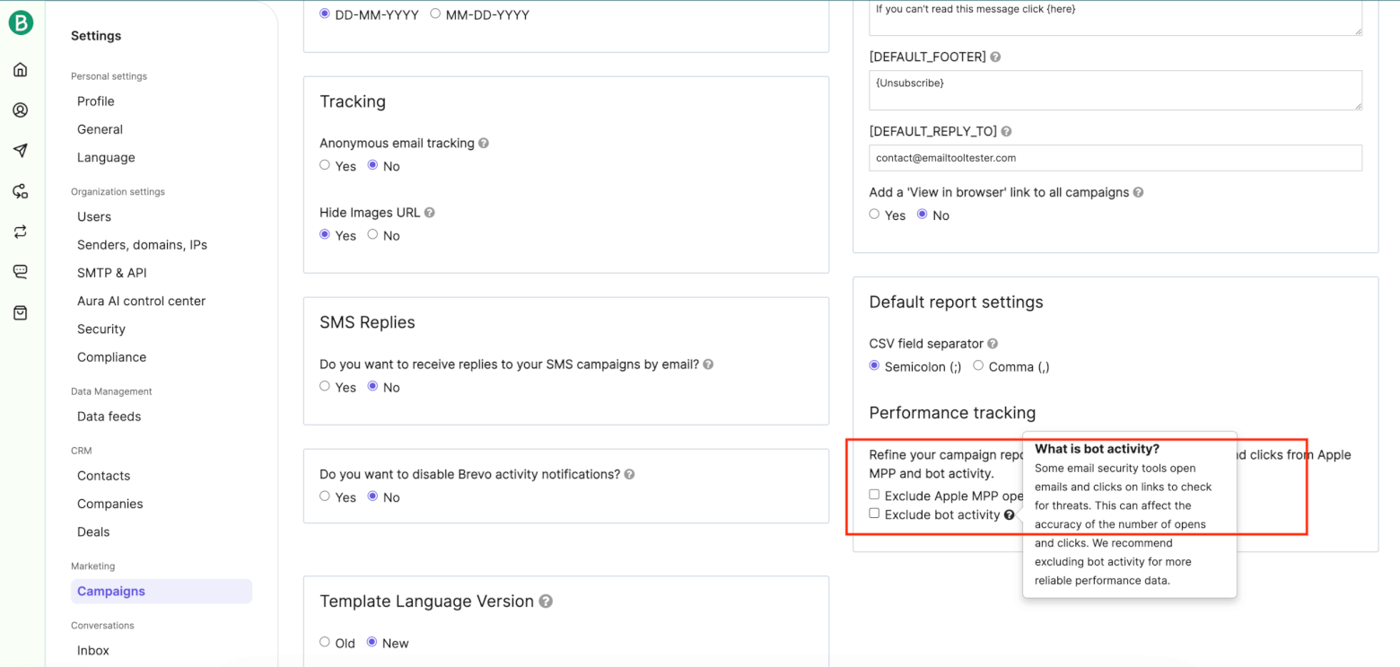 brevo filter for excluding bot activity