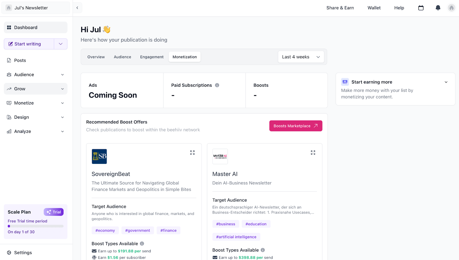 Beehiiv's dashboard homepage