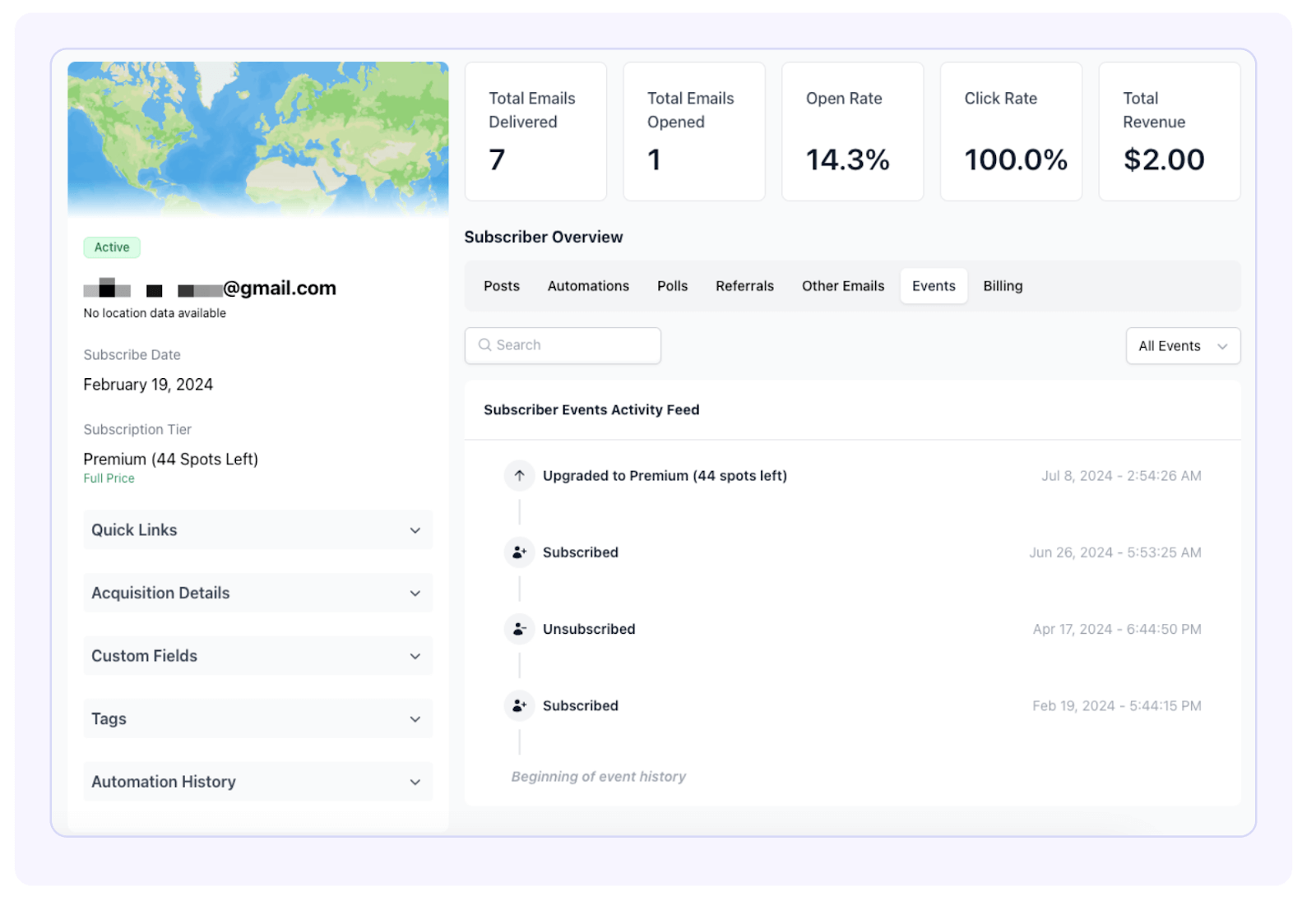 Beehiiv's subscriber profile dashboard