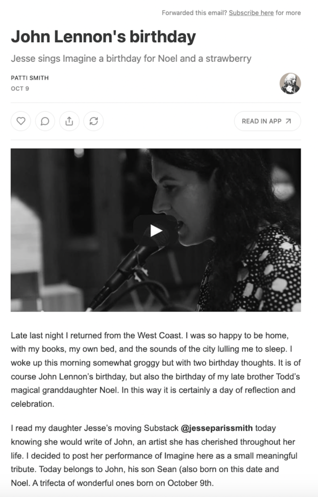 patti smith substack newsletter example