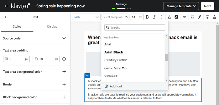 A list of default fonts in Klaviyo, including Arial, Arial Black, and Century Gothic