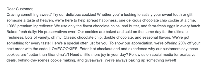 An email created in Brevo, where the email is a large paragraph of plain text