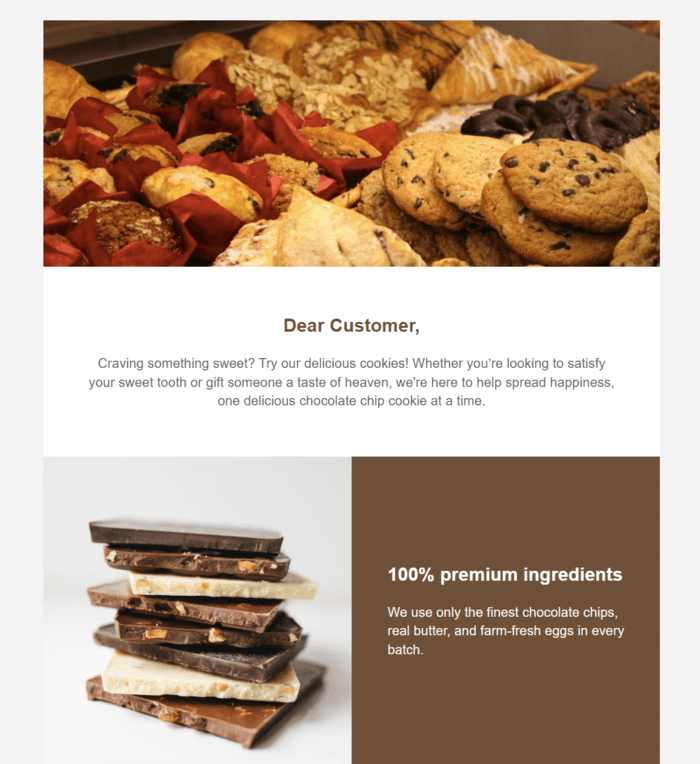 An email created in Brevo, with text separated into different colored sections to give the email more structure