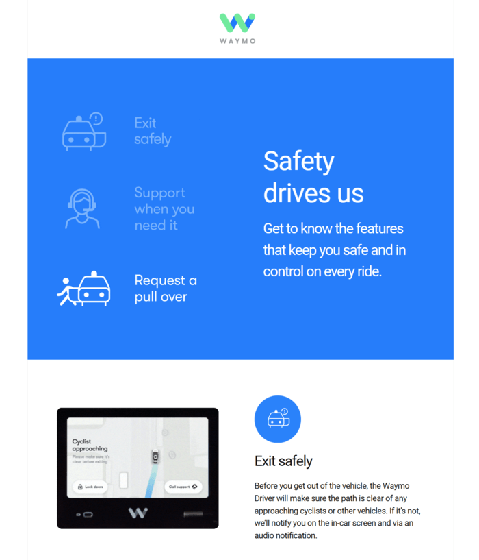 Desktop version of Waymo email, with plenty of space to accommodate text and images in the same row